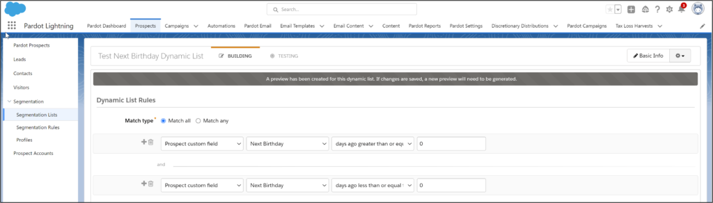 account engagement birthday email dynamic list