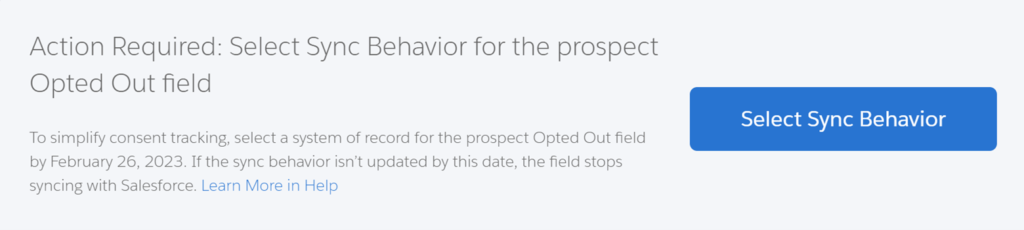 Account Engagement (Pardot) Select Sync Behavior for the prospect opted out field