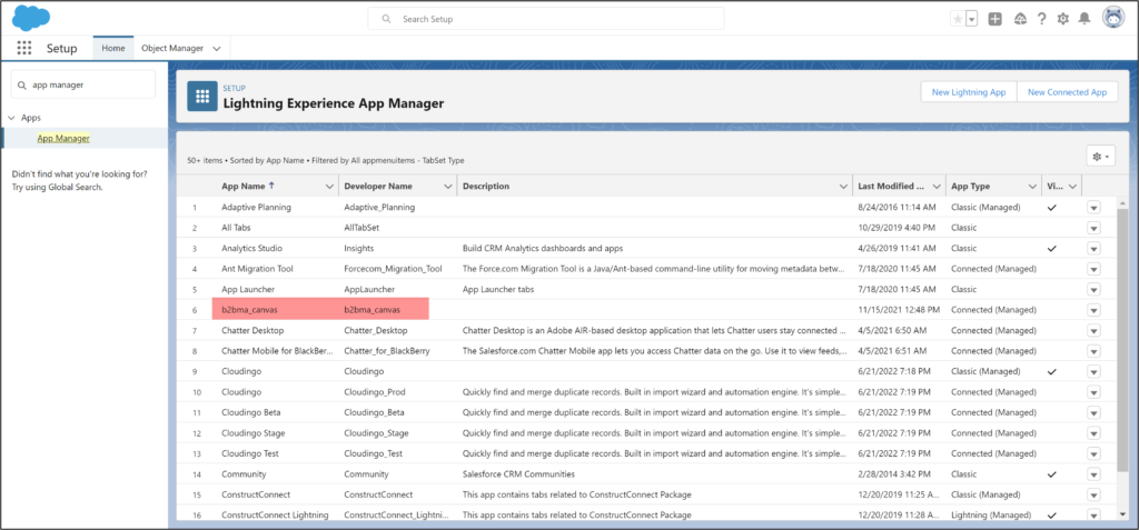 Salesforce Lightning experience app manager b2bma_canvas