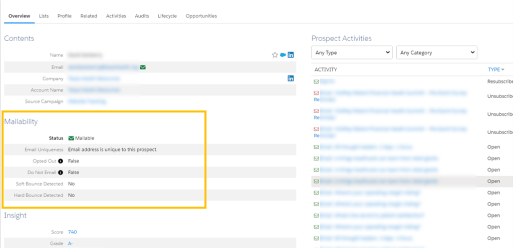 Account Engagement mailability section