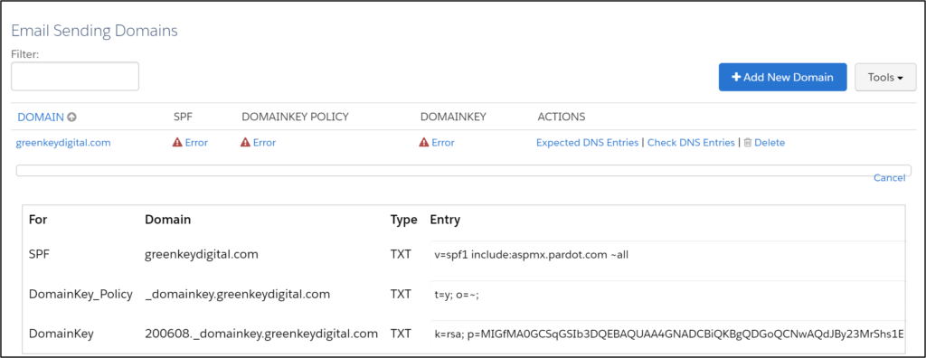 Account Engagement Account Engagement Email Sending domains TXT records