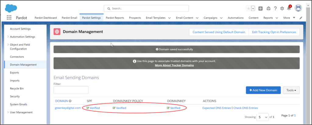 Account Engagement Account Engagement Email Sending domains verified