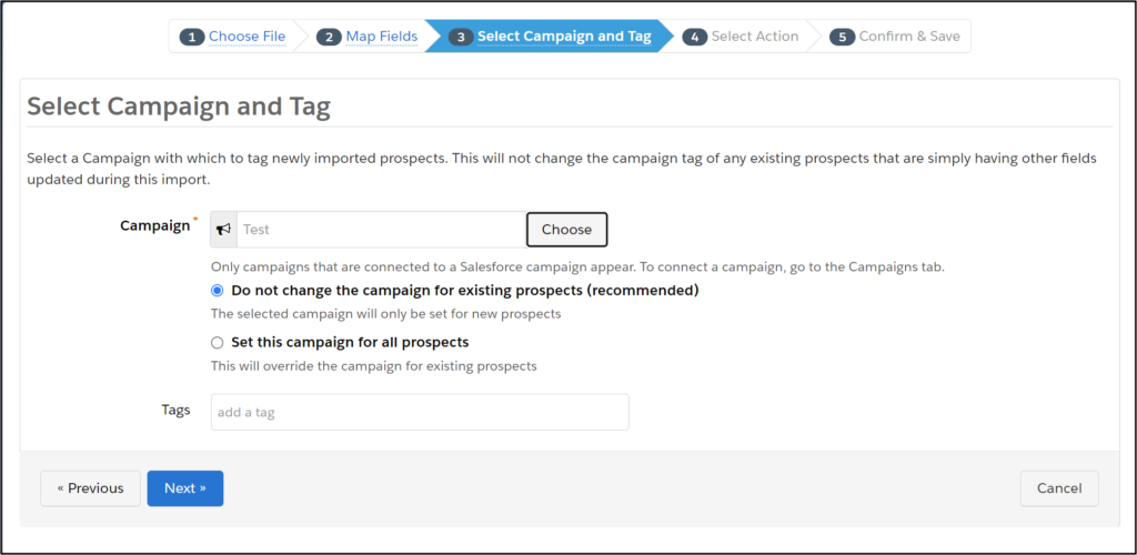account engagement import campaign and tag