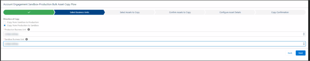 Account Engagement Sandbox-Production Bulk Asset Copy Flow Select Business Units