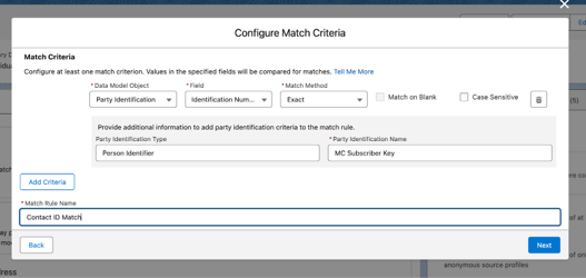 Data Cloud configure match criteria